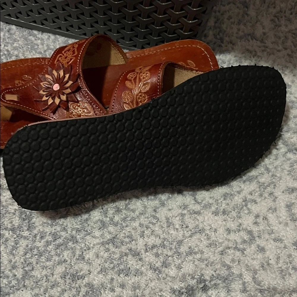 MEXICANA Brown Floral Original Leather Sandals Size 8 - Picture 5 of 7
